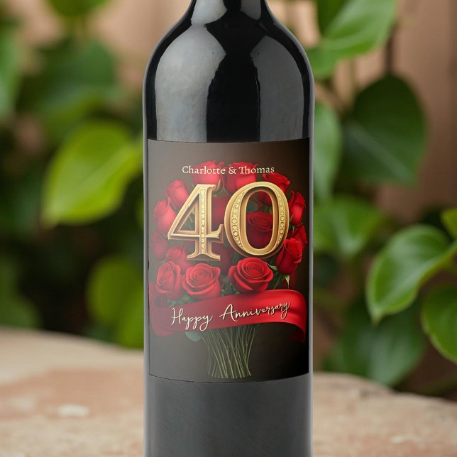 Elegant Red Roses Ruby 40th Wedding Anniversary  Wine Label (Creator Uploaded)