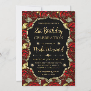 Elegant Red Roses Stained Glass 21st Birthday Invitation