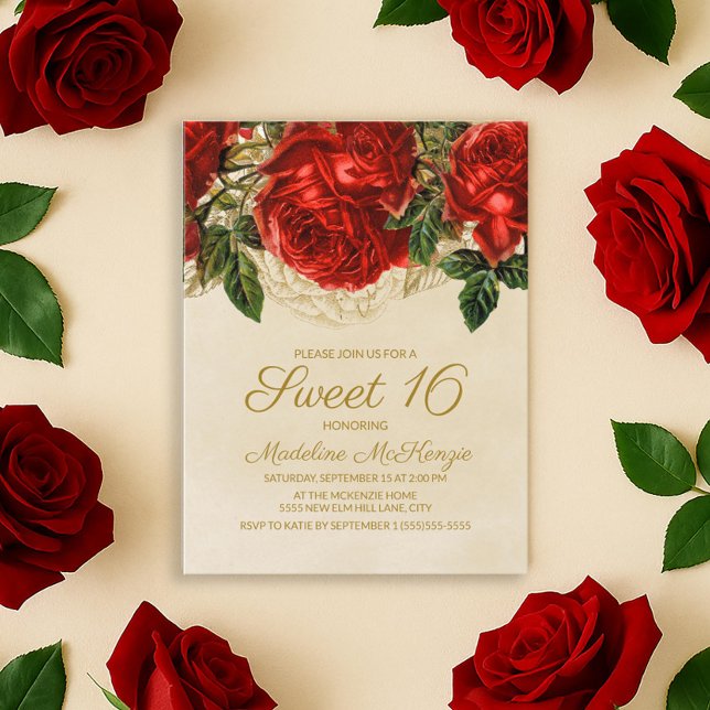 Elegant Red Roses Tan Sweet 16 Birthday Invitation Postcard (Elegant red roses Sweet 16 birthday party invitation postcard)