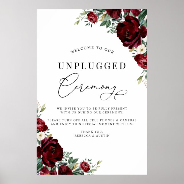 Elegant Red Roses Unplugged Ceremony Wedding Sign (Front)