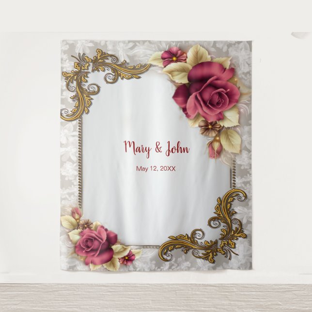 Elegant Red Roses Wedding Photo Backdrop Tapestry (Front)