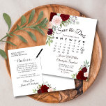 Elegant Red Roses Wedding Save the Date Calendar Announcement Postcard<br><div class="desc">This rustic wedding Save the Date postcard features an elegant watercolor floral design with beautiful hand painted roses in shades of burgundy, red, and blush pink. There is a customisable calendar showing the month of your wedding with a heart around your special day. Fashionable, bohemian, and chic, this card is...</div>
