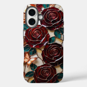 Elegant Red Roses with Butterflies in Stained Glas iPhone 16 Case
