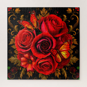 Elegant Red Roses with Butterflies Jigsaw Puzzle