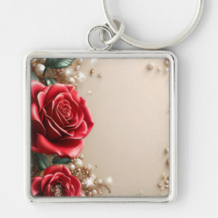 Elegant Red Roses With Golden Ornaments Key Ring