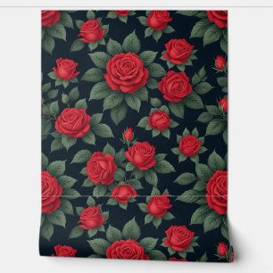 Elegant Red Roses with Lush Green Leaves on Black Wallpaper
