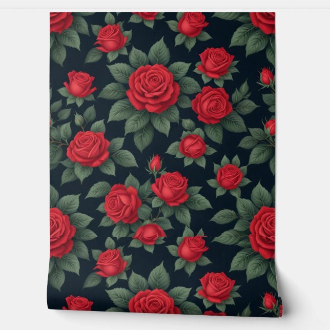 Elegant Red Roses with Lush Green Leaves on Black  Wallpaper (Unrolling)