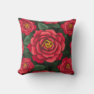 Elegant Red Roses with Lush Green Leaves Pattern Cushion