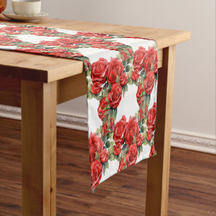 Elegant Red Roses Wreaths Table Runner