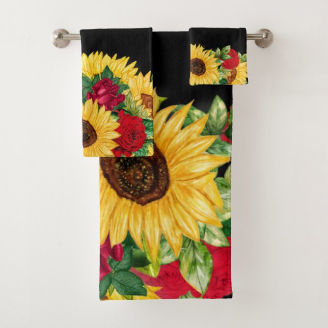 Elegant Red Roses Yellow Sunflowers Black   Bath Towel Set (Insitu)