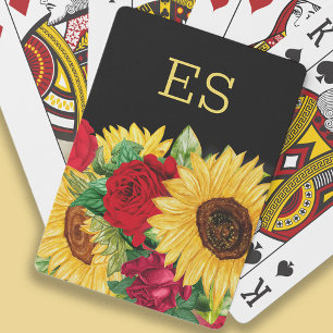 Elegant Red Roses Yellow Sunflowers Black Monogram Playing Cards