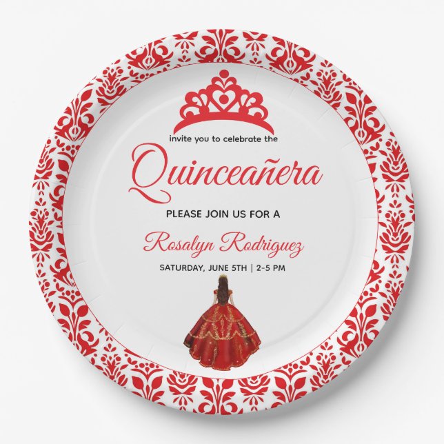 Elegant Red Royal Quinceañera Paper Plate (Front)