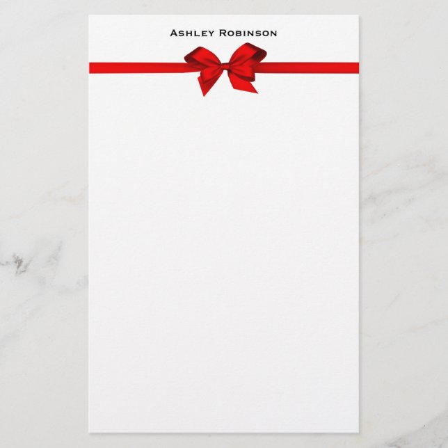 Elegant Red Satin Bow on White Stationery (Front)