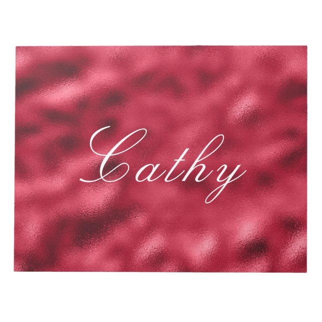 Elegant Red Satin Metallic Name Chic Pretty Notepad (Front)
