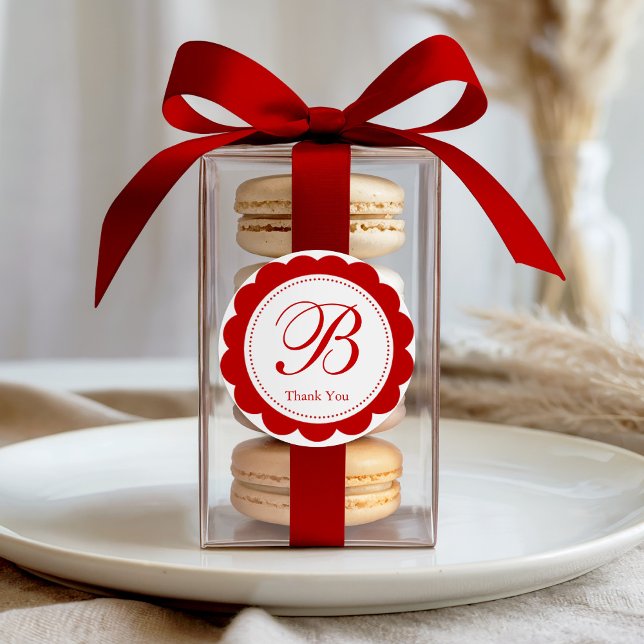 Elegant Red Scalloped Monogram Thank you Classic Round Sticker (Creator Uploaded)