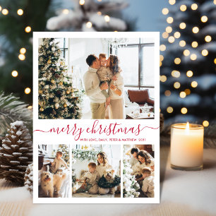 Elegant Red Script 4 Photo Collage Christmas Holiday Card