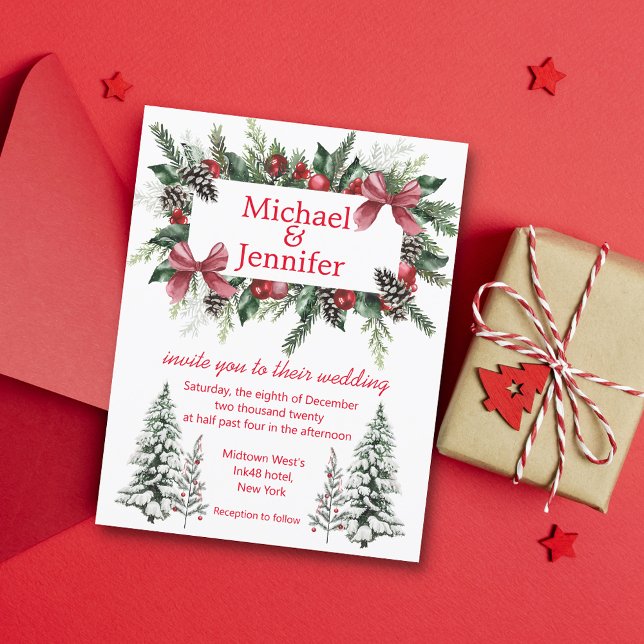 elegant red script christmas greenery wedding  invitation (Creator Uploaded)