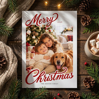 Elegant Red Script Christmas Greeting Photo Holiday Card