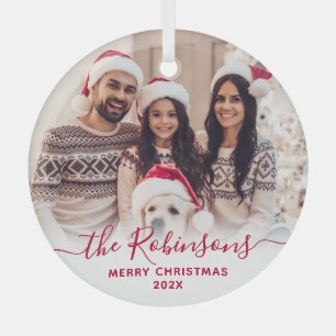 Elegant Red Script Family Photo Merry Christmas   Glass Tree Decoration