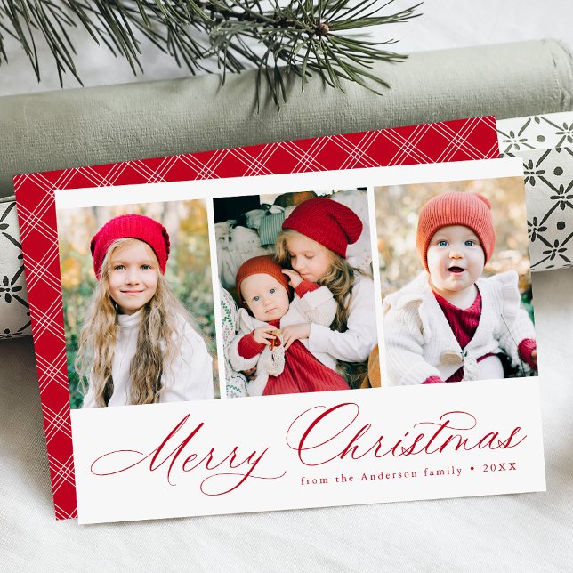 Elegant Red Script Merry Christmas 3 Photo Holiday Card (Creator Uploaded)