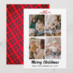 Elegant Red Script Merry Christmas 4 Photo Collage Holiday Card