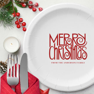 Elegant Red Script Merry Christmas Custom Paper Plate