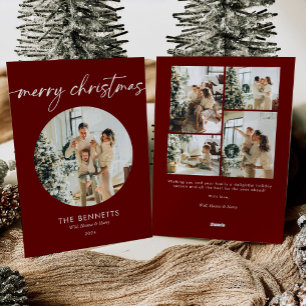 Elegant Red Script Merry Christmas Multi-Photo Holiday Card