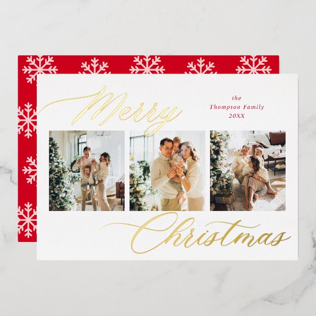 Elegant Red Script Merry Christmas Photo Collage (Front/Back)