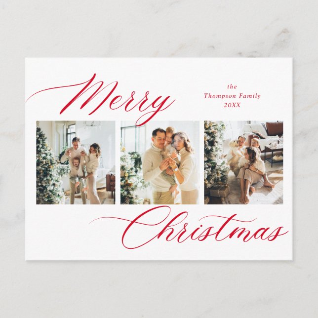 Elegant Red Script Merry Christmas Photo Collage Holiday Postcard (Front)