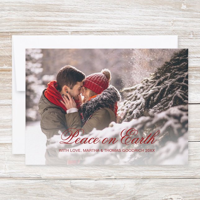Elegant Red Script Peace On Earth Gradient Photo Holiday Card (Simple, classy christmas photo card "Peace on Earth" with elegant, festive white script typography.)