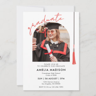 Elegant Red Script Photo Graduation Invitation