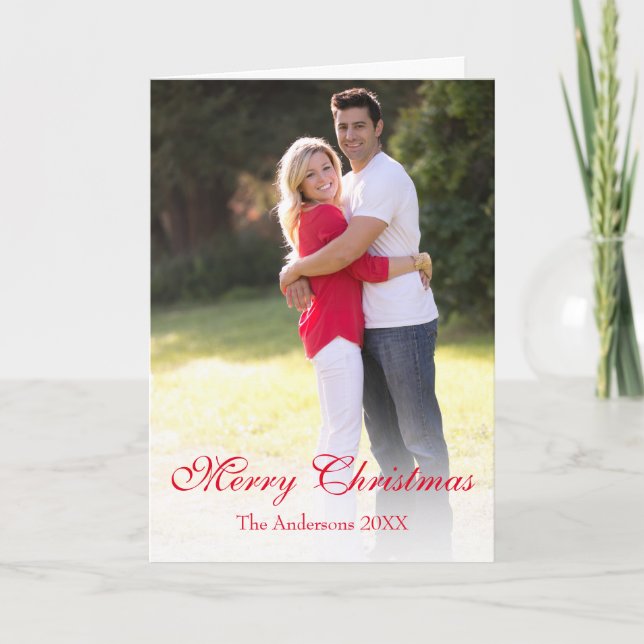 Elegant Red Script Photo Merry Christmas Holiday Card (Front)