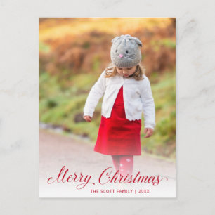 Elegant Red Script Photo Modern Christmas Holiday Postcard