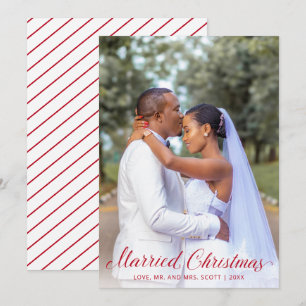 Elegant Red Script Photo Modern Newylwed Christmas Holiday Card