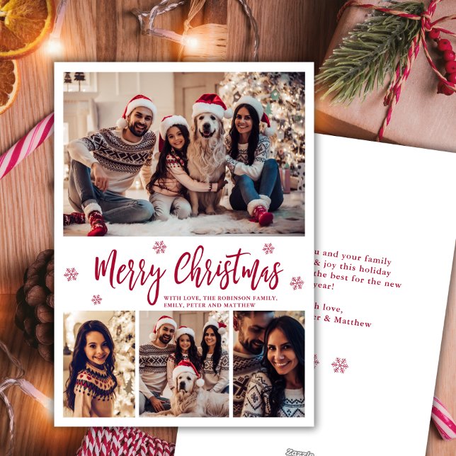 Elegant Red Script Snowflake 4 Photo Christmas  Holiday Card (Creator Uploaded)