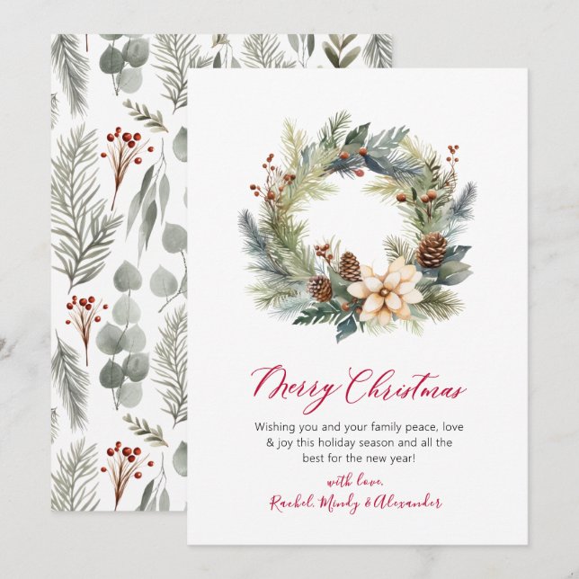 Elegant Red Script Wreath Greenery Christmas Card (Front/Back)
