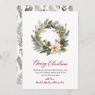 Elegant Red Script Wreath Greenery Christmas Card