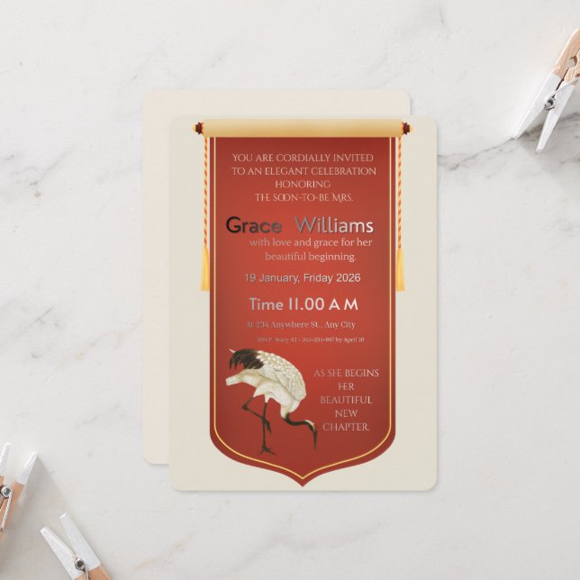 Elegant Red Scroll & Crane Bridal Shower Invitatio Invitation (Front/Back In Situ)