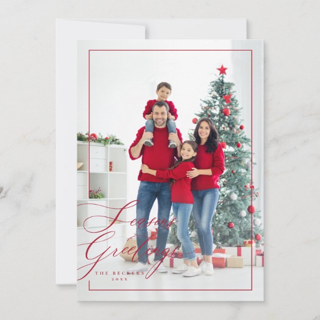 Elegant Red side script Seasons Greetings photo Holiday Card (Front)