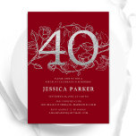 Elegant Red Silver 40th Birthday Invitation<br><div class="desc">Elegant red silver 40th birthday party invitation. Customisable modern feminine design featuring roses botanical accents and faux glitter silver. Simple floral invite card perfect for a stylish female bday celebration. Personalise with your own details. Printed Zazzle invitations or instant download digital printable template.</div>