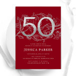 Elegant Red Silver 50th Birthday Invitation<br><div class="desc">Elegant red silver 50th birthday party invitation. Customisable modern feminine design featuring roses botanical accents and faux glitter silver. Simple floral invite card perfect for a stylish female bday celebration. Personalise with your own details. Printed Zazzle invitations or instant download digital printable template.</div>