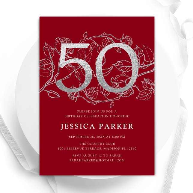 Elegant Red Silver 50th Birthday Invitation (Creator Uploaded)