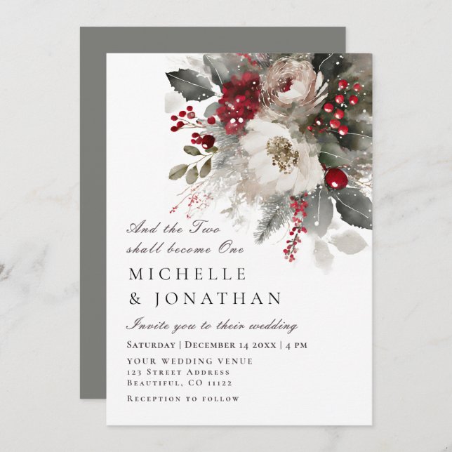 Elegant Red Silver Christmas Christian Wedding Invitation (Front/Back)