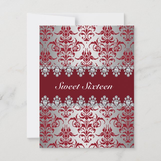 Elegant Red & Silver Damask Sweet16 Invite (Front)
