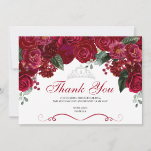 Elegant Red & Silver Floral Quinceanera Thank You Card