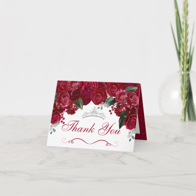 Elegant Red & Silver Floral Quinceanera Thank You Invitation (Front)