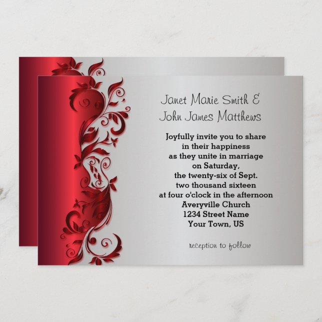 Elegant Red & Silver Florid Wedding Design Invitation (Front/Back)