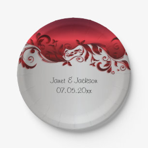 Elegant Red & Silver Florid Wedding Design Paper Plate