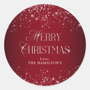 Elegant Red Silver Glitter Merry Christmas Classic Round Sticker
