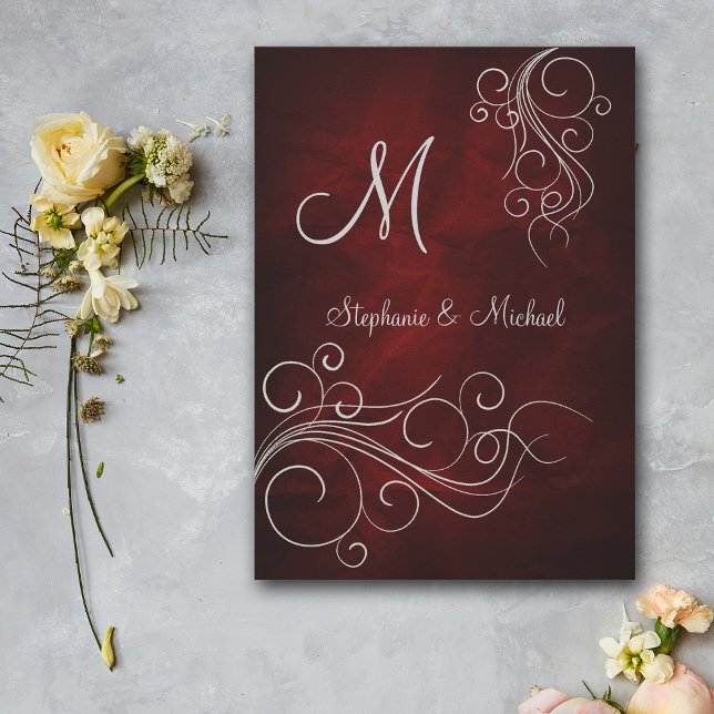 Elegant Red Silver Monogram Wedding Invitation (Creator Uploaded)